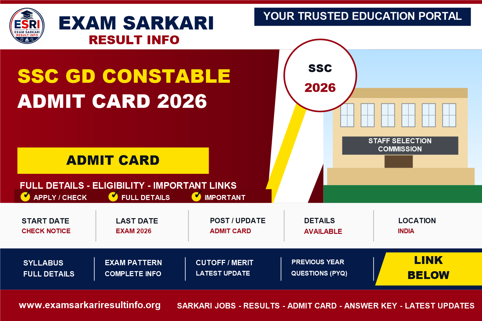 SSC GD Constable Examination 2026 : Short Details post details image